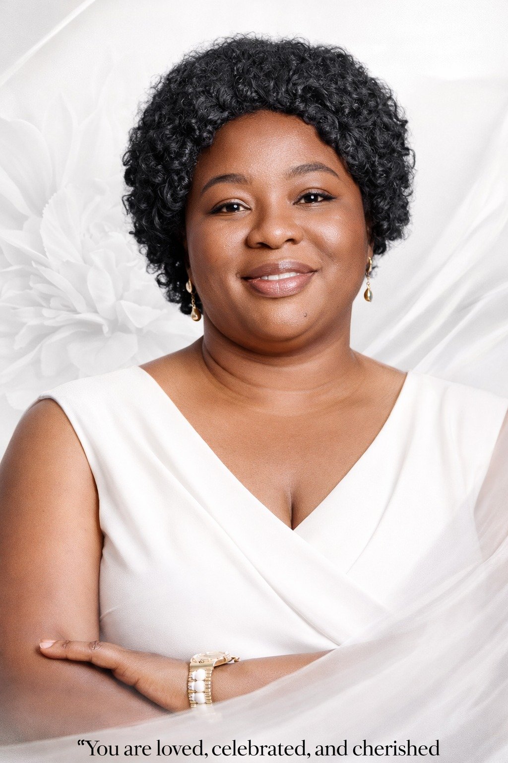 Mrs. Feh Theodaline Ndifon, Registrar of GHITS University, professional portrait in white attire